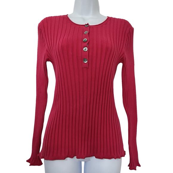Sundance Womens Organic Cotton Ribbed Henley Sweater Size LP Magenta Pink Layers - Picture 1 of 6